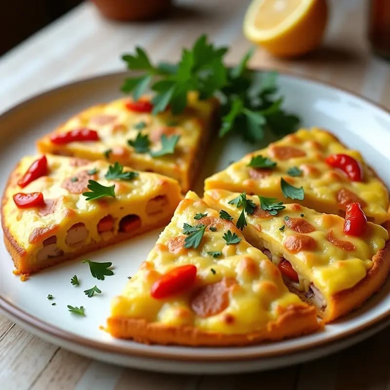 Tortilla dorada de atún y pimiento rojo asado cortada en porciones cuadradas, con trozos visibles de pimiento y atún, servida en un plato blanco rústico con perejil fresco espolvoreado. Receta de tupper sin complicaciones.