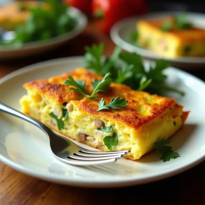 Tortilla dorada y jugosa de atún y pimiento verde sin patatas, servida en plato blanco con perejil fresco espolvoreado y trocitos de atún por encima, receta rápida y alta en proteína.