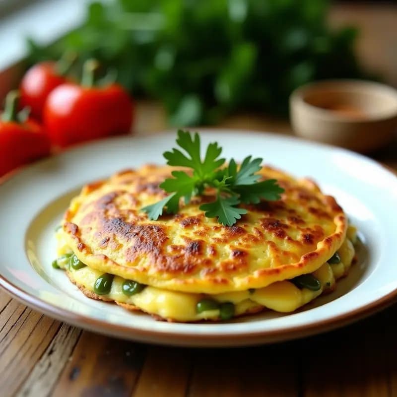 Tortilla de atún con pimientos verdes recién hecha, dorada por fuera y jugosa por dentro, servida en plato blanco con un toque de perejil fresco. Receta de aprovecho rápida y nutritiva.