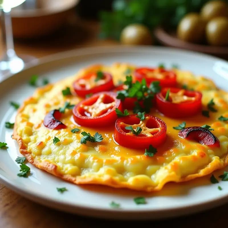 Tortilla de bacalao desalado con pimientos choriceros en sartén de hierro, dorada por fuera y jugosa por dentro, con trozos de bacalao visibles y perejil fresco espolvoreado. Tapa vasca tradicional servida en plato rústico de barro.