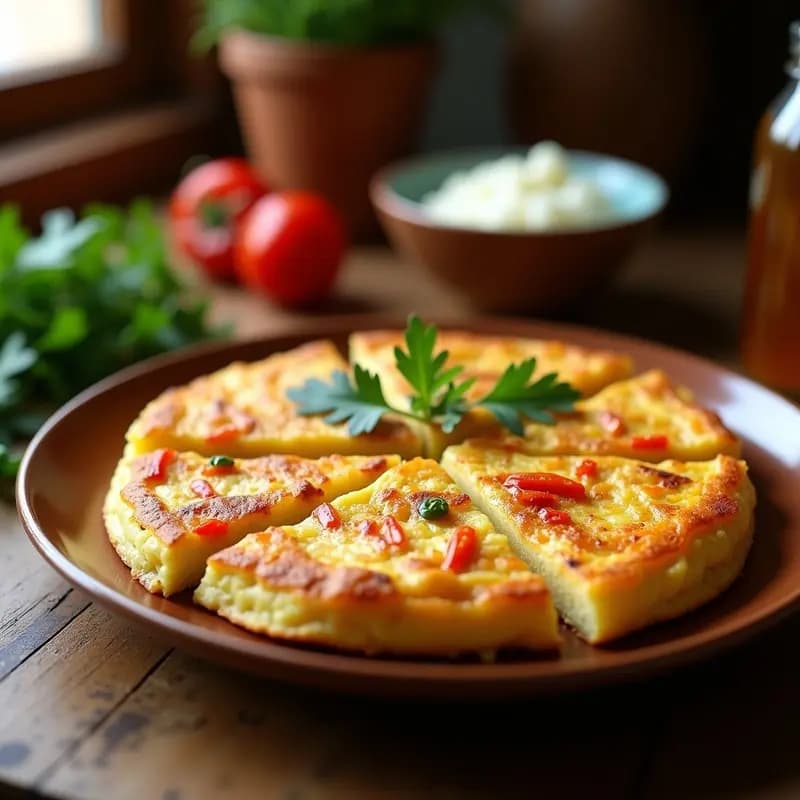Tortilla dorada de bacalao desmenuzado y pimientos asados rojos y verdes, cortada en porciones, servida en plato de barro con perejil fresco espolvoreado.