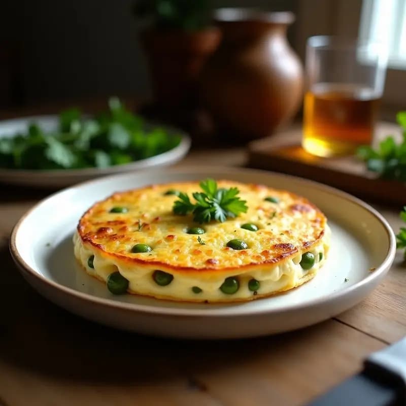 Tortilla dorada de bacalao y pimientos del Padrón en sartén antiadherente, con trozos de pimiento verde y perejil fresco encima, receta gallega tradicional.