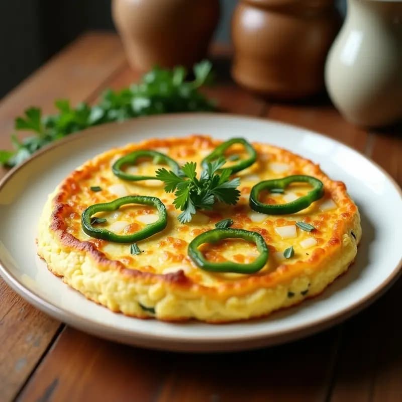 Tortilla dorada y esponjosa de bacalao desmenuzado y pimientos verdes en tiras, servida en plato blanco rústico con perejil fresco picado por encima. Receta típica vasca sin lactosa, ideal para comer caliente o fría.