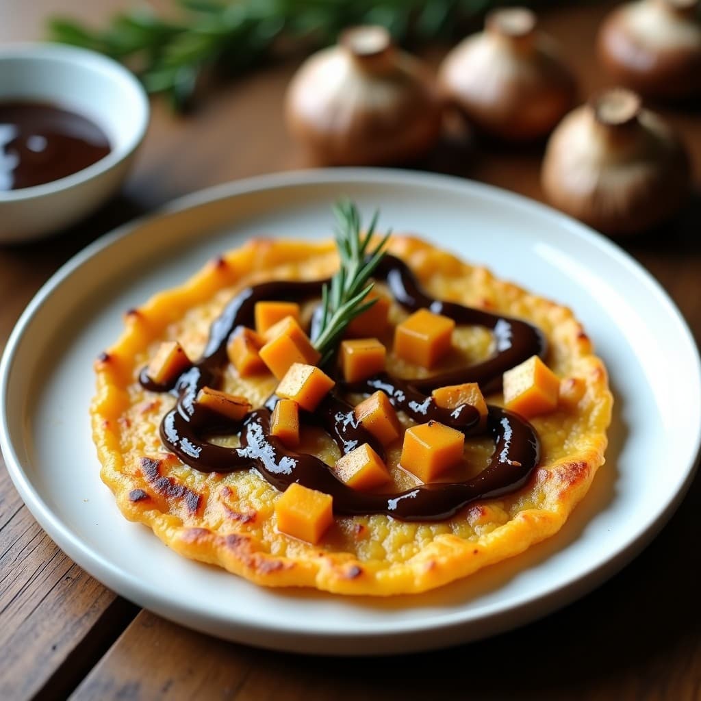 Tortilla dorada y esponjosa de batata blanca y champiñones salteados, servida en plato blanco con salsa de ajo negro negra y brillante, decorada con perejil fresco. Desayuno vegano cocinado en airfryer.