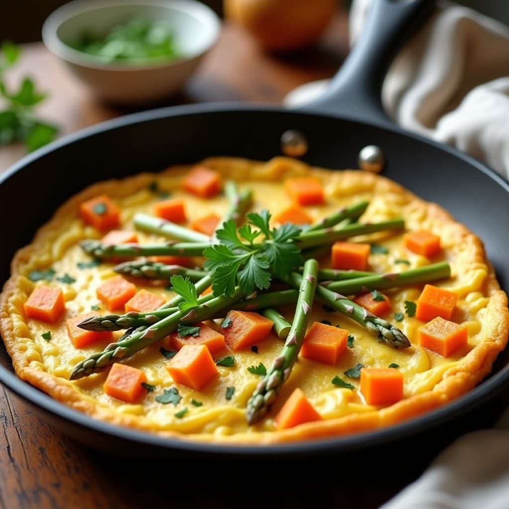 Tortilla dorada de batata y espárragos blancos en sartén antiadherente, con puntas de espárragos y perejil fresco como decoración. Plato saludable, sin gluten y alto en fibra.