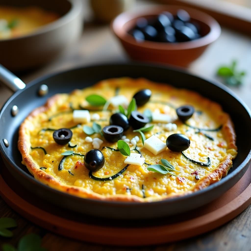 Tortilla dorada de calabacín y aceitunas negras keto en sartén antiadherente, con queso manchego rallado y hojas de erecta fresca como decoración, servida en plato de barro rústico.