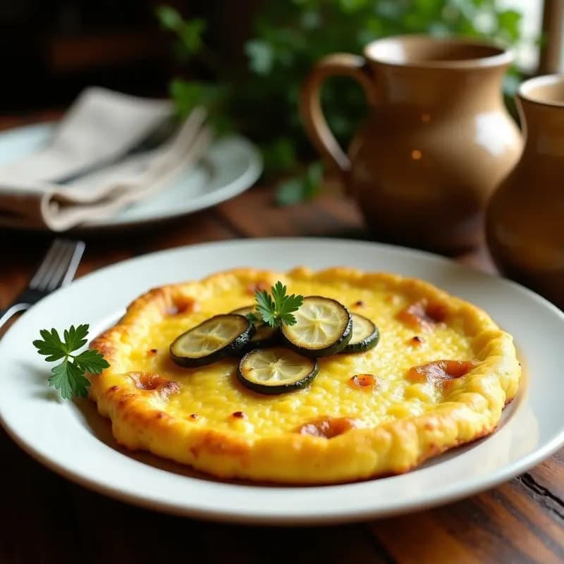 Tortilla dorada y esponjosa de calabacín y cebolla caramelizada servida en plato blanco, con trozos de calabacín y cebolla visible en su interior, receta sin patata y con mucho sabor.