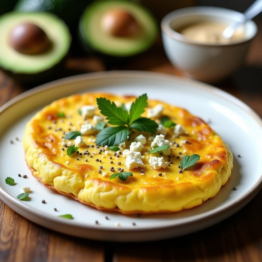 Tortilla dorada y esponjosa de calabacín y cúrcuma con queso de cabra vegano desmenuzado, decorada con hojas de cilantro fresco sobre un plato de cerámica blanca. Receta keto vegana en 12 minutos.