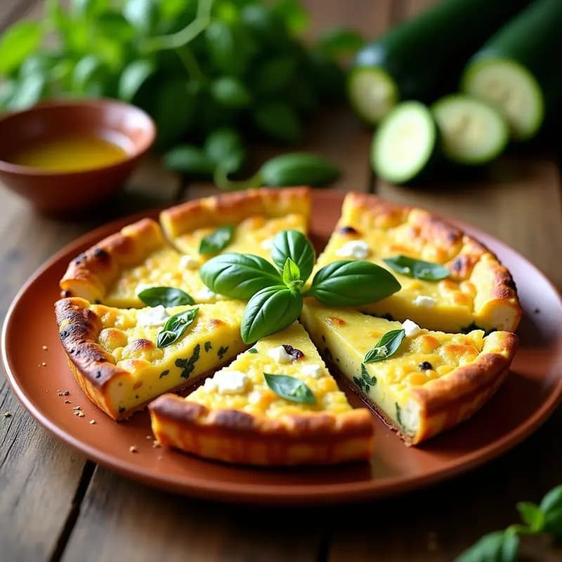 Tortilla de calabacín al horno dorada y crujiente, cortada en porciones, con trozos visibles de queso de cabra y albahaca fresca, servida en plato de barro rústico.