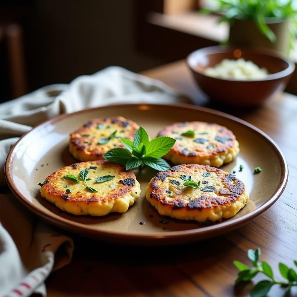 Tortillas doradas y crujientes de calabacín y papa morada andina, servidas en plato de barro con hojas de hierbabuena fresca, receta sin harina y vegana.