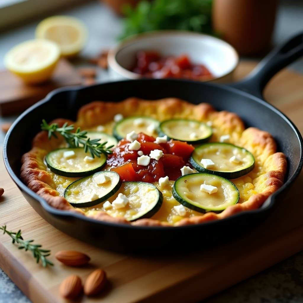 Tortilla keto dorada en sartén antiadherente con capas visibles de calabacín, queso de cabra desmenuzado y mermelada de cebolla morada brillante. Decorada con almendras fileteadas y hojas de tomillo fresco sobre fondo rústico de madera.