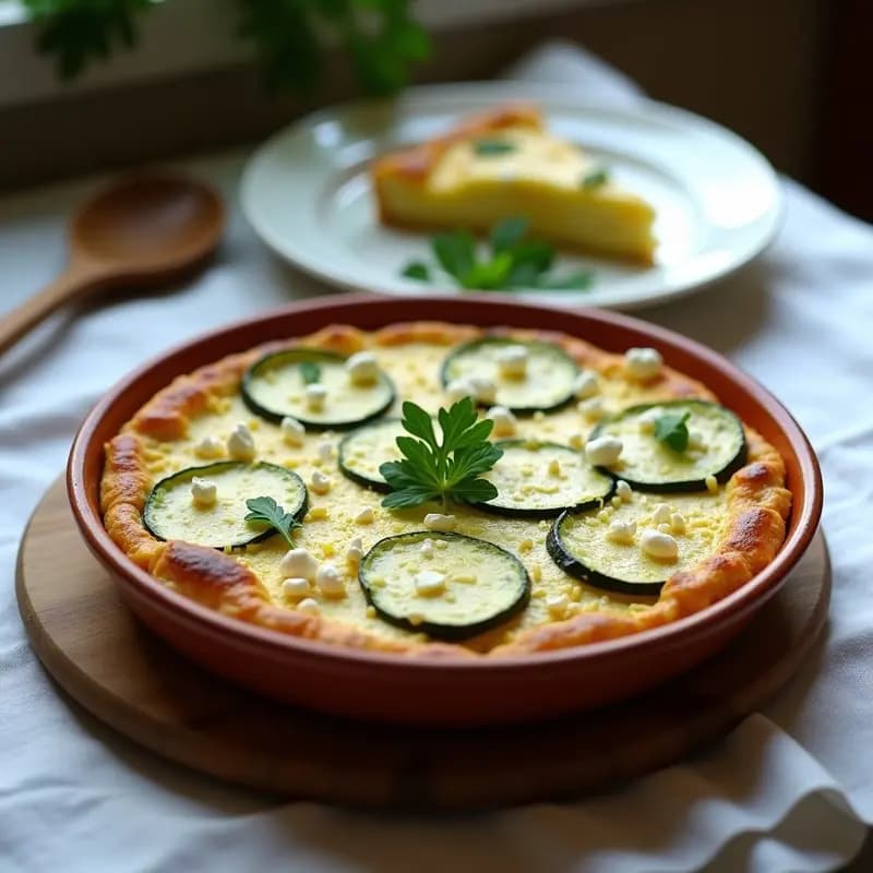 Tortilla de calabacín y queso feta dorada en fuente de barro, con rodajas de calabacín visibles y trozos de queso feta blanco. Decorada con perejil fresco y servida sobre mantel de lino blanco, ideal para verano.
