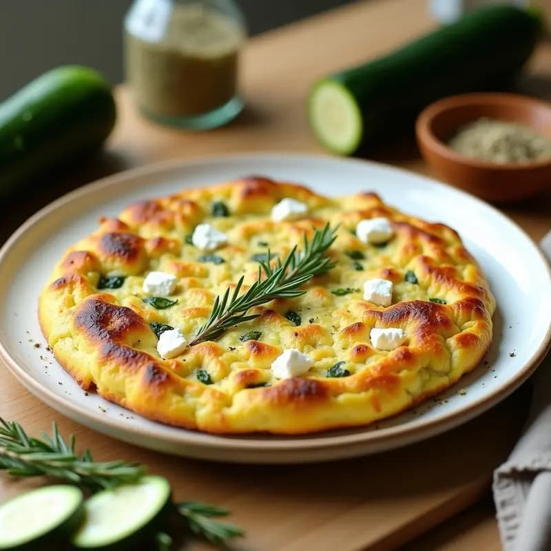 Tortilla dorada y esponjosa de calabacín y zaatar servida en plato blanco, con trozos de calabacín visibles y un toque de queso feta desmenuzado, receta Thermomix sin grumos.