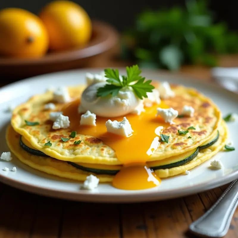 Tortilla dorada y esponjosa de calabín y queso de cabra servida en plato blanco, con hilos de miel de mango y perejil fresco espolvoreado, desayuno colombiano casero y apetitoso.