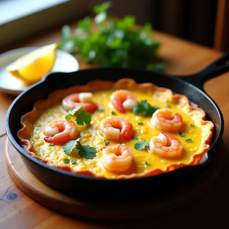 Tortilla de camarão portuguesa dorada en sartén de hierro, con gambas rosadas y cilantro fresco espolvoreado, servida en plato de barro rústico.
