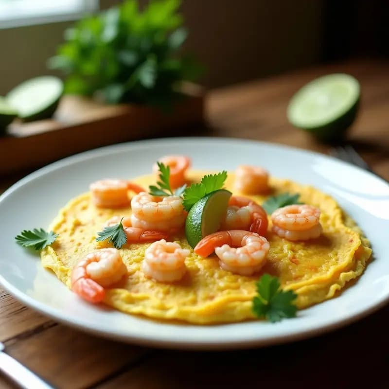 Tortilla dorada y esponjosa con trozos de camarones rosados, decorada con cilantro fresco y rodajas de lima, servida en plato blanco con fondo rústico.