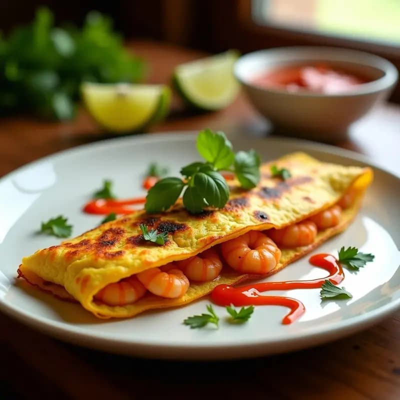 Tortilla dorada de camarones al piri-piri servida en plato blanco, con salsa picante roja y perejil fresco, cocinada en airfryer.
