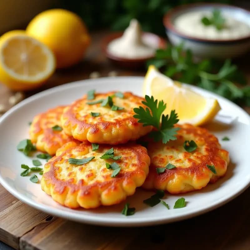 Tortilla de camarones y ajetes gaditana dorada y crujiente, servida en plato blanco con gajos de limón y perejil fresco, fondo rústico de madera.