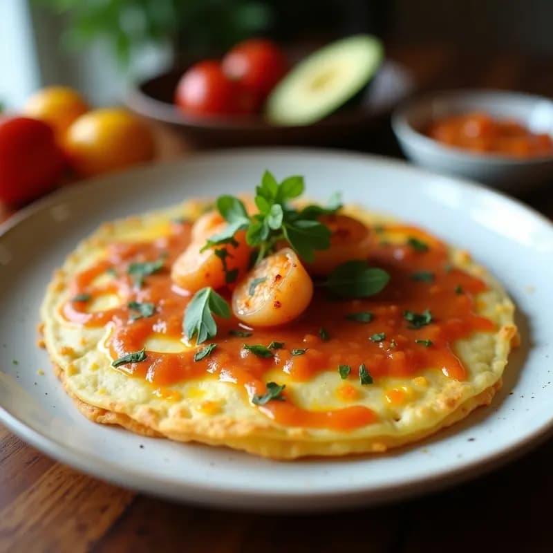 Plato blanco con tortillas doradas y crujientes de camarones, apiladas con elegancia, acompañadas de un pequeño bol con salsa de aji y lulo de color naranja intenso. Decorado con hojas de cilantro fresco y rodajas de lulo al fondo. Receta colombiana crujiente.