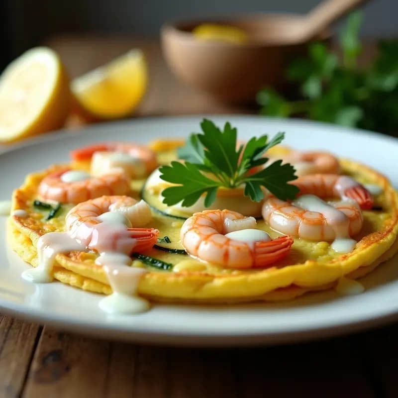 Tortilla española gourmet dorada con trozos de camarones y calabacín, servida en plato blanco con aire de limón y perejil fresco, receta fácil en sartén.