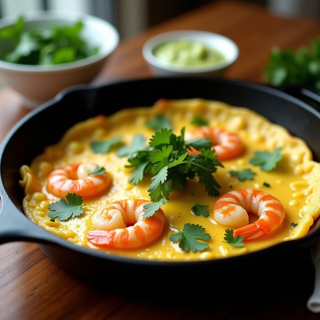 Tortilla de camarones y cilantro dorada en sartén, doblada por la mitad, con camarones jugosos visibles en su interior. Acompañada de salsa de limón verde en un cuenco pequeño y decorada con hojas de cilantro fresco sobre un fondo rústico de madera.