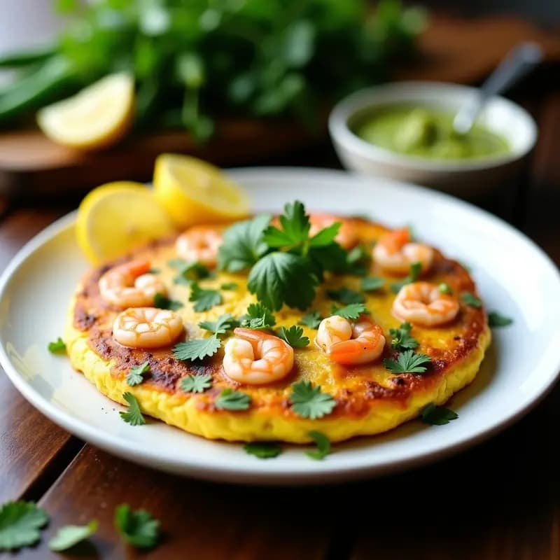 Tortilla de camarones y cilantro tailandesa dorada por fuera, con trozos de camarones visibles y cilantro fresco espolvoreado, acompañada de rodajas de chile verde y hoja de limón kaffir sobre un plato de cerámica oscura.