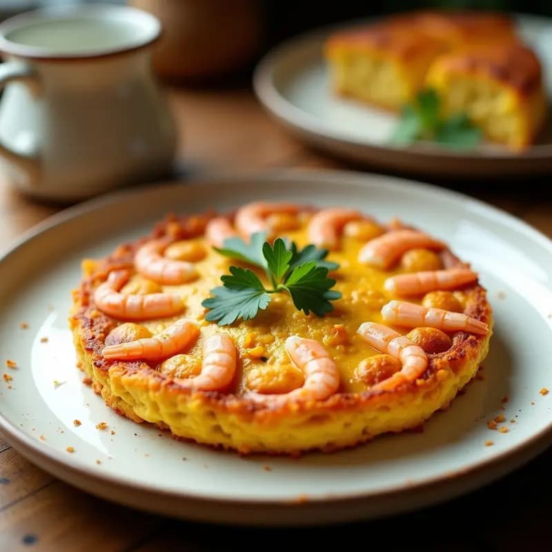 Tortilla de camarones dorada y crujiente de la Costa de la Luz servida en plato blanco rústico, con textura esponjosa por dentro y camarones visibles, decorada con perejil fresco.