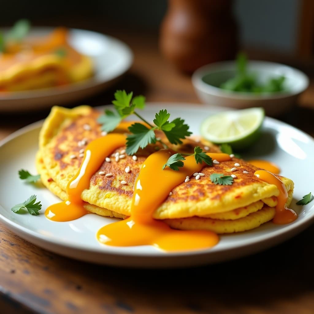 Tortilla dorada y esponjosa de camarones y cúrcuma servida en plato blanco, bañada con salsa de mango brillante y espolvoreada con semillas de sésamo, acompañada de rodajas de limón y cilantro fresco. Receta tailandesa en sartén.
