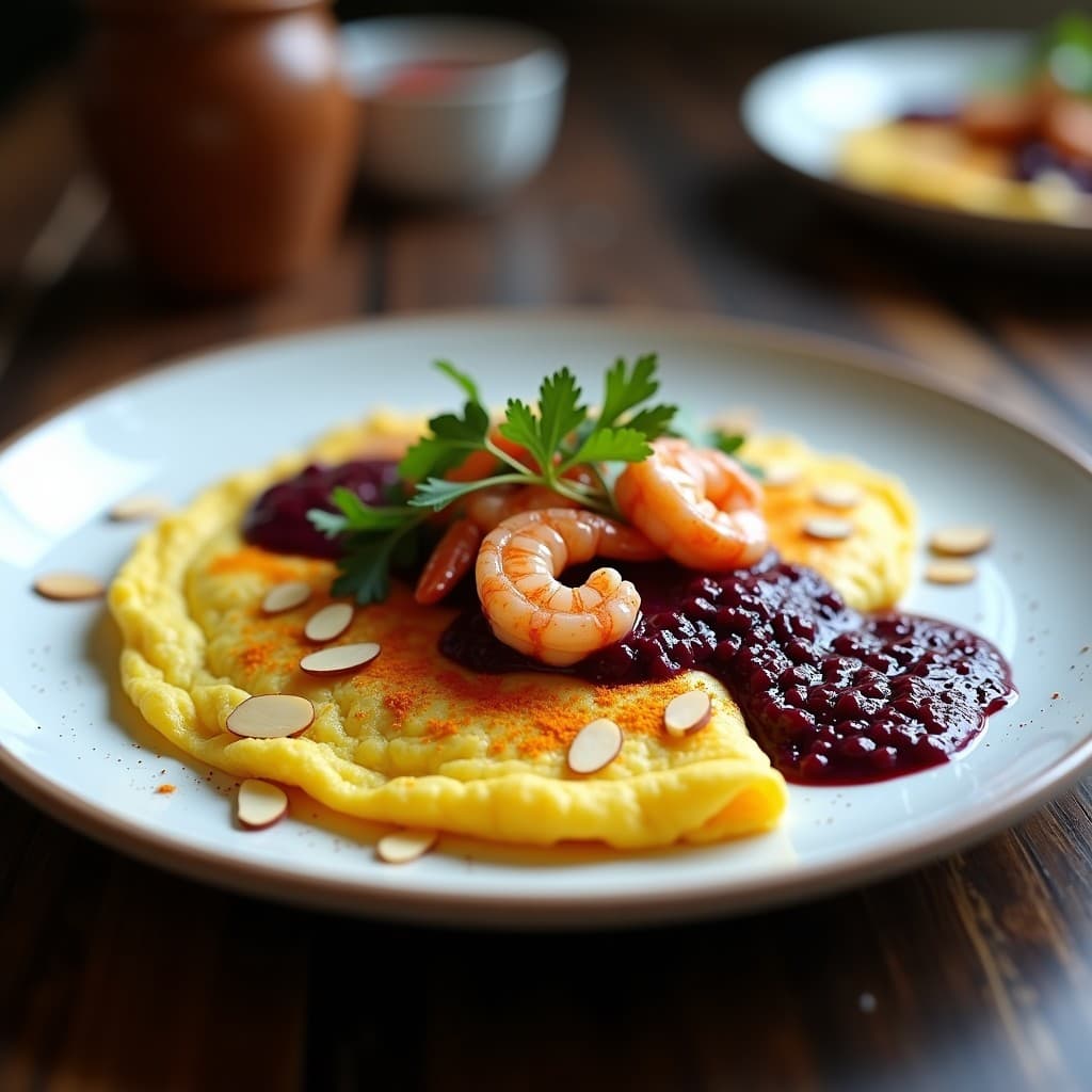 Tortilla dorada y esponjosa con camarones visibles salteados, bañada en una salsa morada brillante de marionberry. Decorada con almendras fileteadas, cilantro fresco y un toque de cúrcuma en polvo espolvoreada. Plato servido en un plato blanco rústico con fondo de madera oscura.