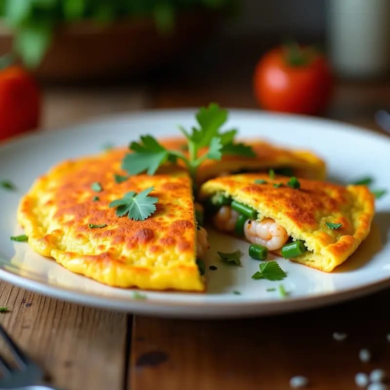 Tortilla dorada y esponjosa de camarones y ejotes con vetas naranjas de achiote, servida en plato blanco rústico con hierbas frescas y rodajas de limón. Receta colombiana en airfryer.