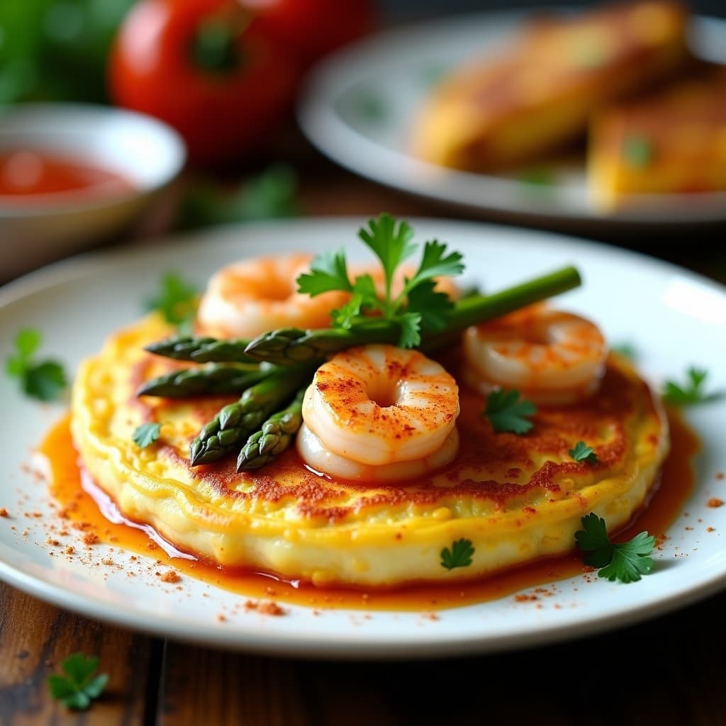 Tortilla dorada y esponjosa de camarones y espárragos trigueros en molde redondo, con trozos de camarones rosados y espárragos verdes asomando, servida sobre una tabla de madera rústica con perejil fresco espolvoreado. Receta en airfryer con toque español.
