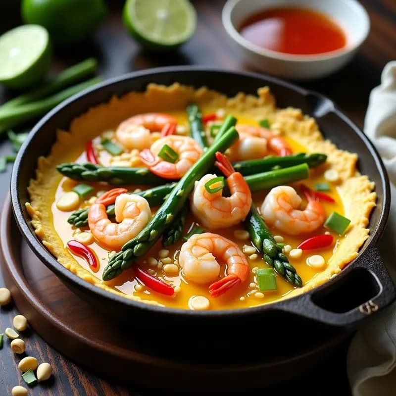 Tortilla tailandesa salteada en wok con camarones rosados, espárragos verdes tiernos, trozos de ajo dorado y chile rojo, decorada con cebollino picado y cacahuetes tostados. Plato vibrante con colores verdes, rosas y amarillos sobre fondo rústico de madera.