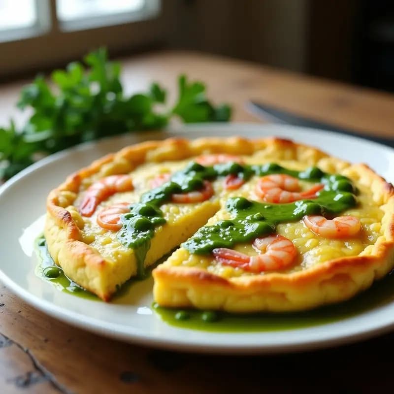 Tortilla dorada y esponjosa de camarones y guisantes con salsa de ajo y perejil, servida en plato de cerámica blanca con fondo de madera rústica, receta portuguesa tradicional.