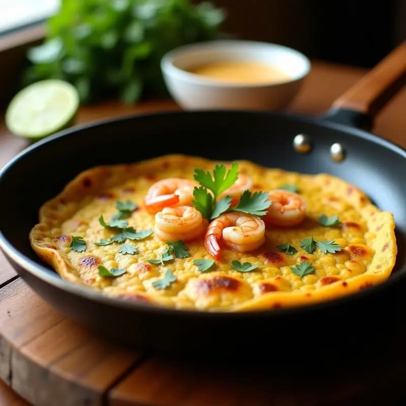Tortilla dorada de camarones y harina de plátano en sartén antiadherente, con trozos de camarón visible y cilantro fresco espolvoreado. Receta colombiana sin trigo, alta en proteínas.
