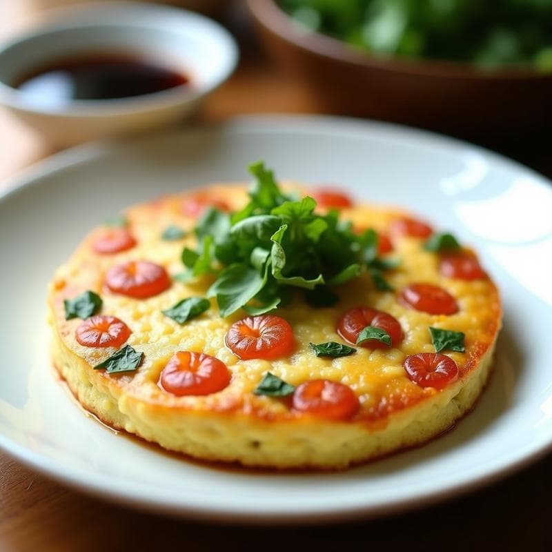 Tortilla japonesa dorada en airfryer con trozos de camarones y hojas de shiso frescas, servida en plato blanco con fondo minimalista.