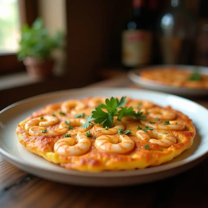 Tortilla de camarones gaditana dorada y crujiente servida en un plato blanco, con camarones visibles en su interior y perejil fresco espolvoreado por encima.