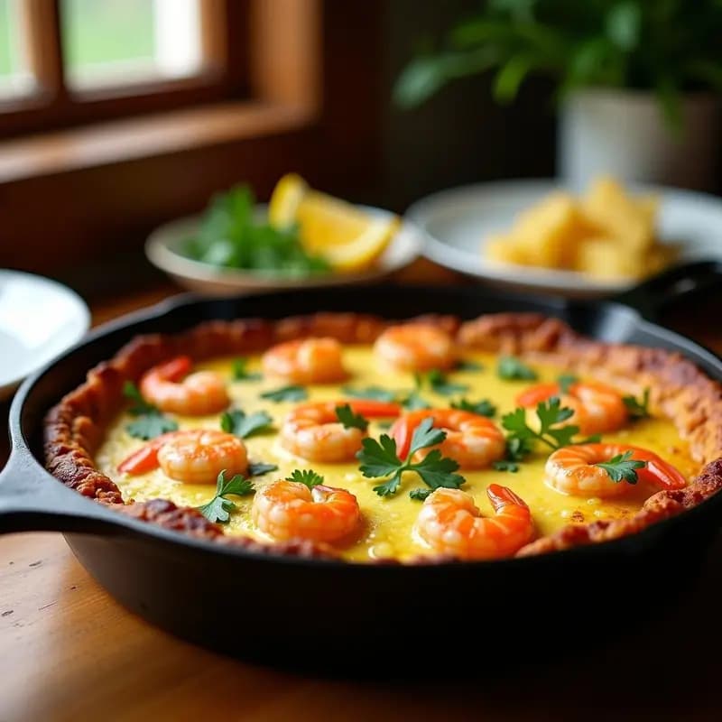 Tortilla de camarones dorada y crujiente en sartén de hierro, con perejil fresco espolvoreado y camarones visibles en el interior, receta tradicional gaditana ligera.