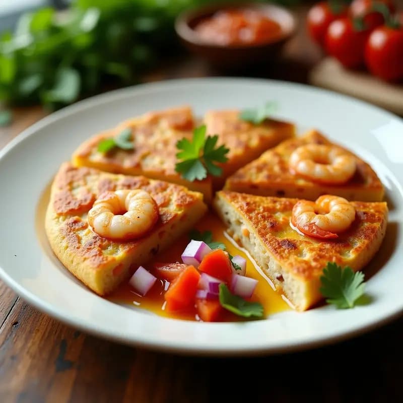 Tortilla dorada de camarones cortada en porciones, servida en plato blanco con salsa criolla fresca de tomate, cebolla morada y cilantro. Receta ecuatoriana baja en calorías.