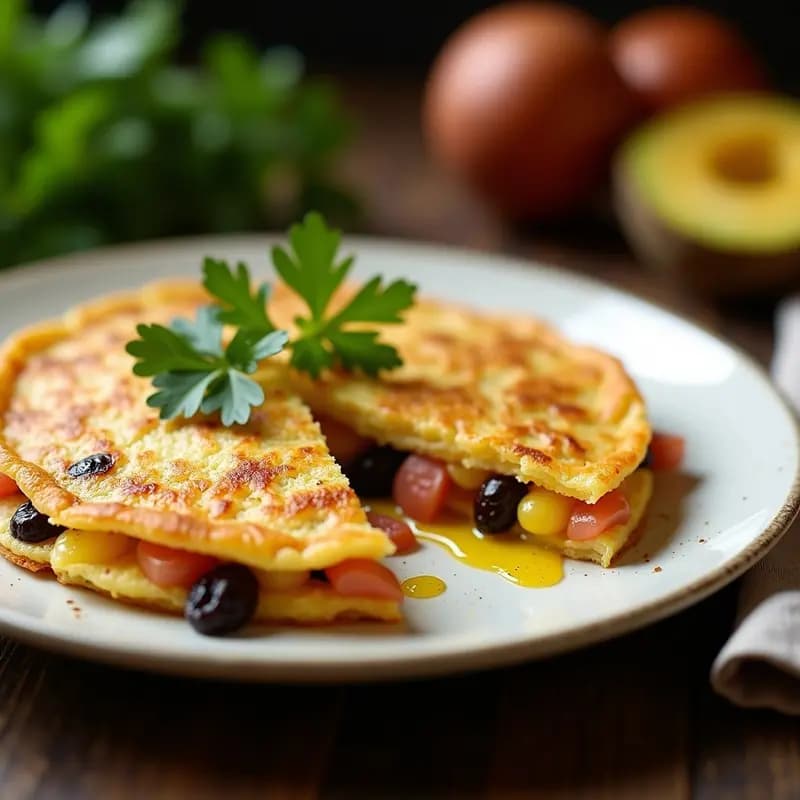 Tortilla dorada y esponjosa con trozos de camarones, uvas pasas y piña fresca, servida en un plato blanco rústico con hojas de cilantro. Receta colombiana dulce-salada.