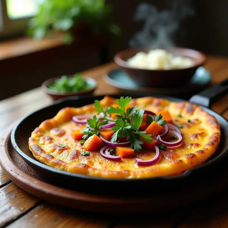 Tortilla dorada y esponjosa de camote naranja y cebolla morada con hojas de mostaza frescas, servida en plato de barro con cilantro picado y rodajas de chile verde, receta bangladesí vegana y picante.
