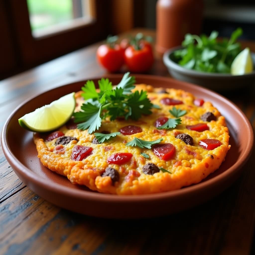 Tortilla dorada y esponjosa de camote naranja y chorizo vegano, cocinada en Airfryer, con trozos visibles de pimiento rojo y cebolla morada. Servida en un plato de barro con cilantro fresco y una rodaja de limón al lado. Receta de tortilla de camote y chorizo vegano con toque mexicano.