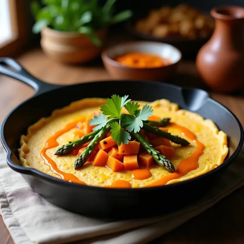 Tortilla dorada en sartén con trozos visibles de camote naranja y espárragos verdes, acompañada de salsa cremosa de ahuyama de color anaranjado, decorada con cilantro fresco. Plato típico colombiano para desayuno.
