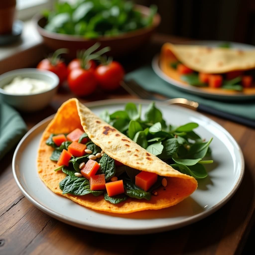 Tortilla dorada de camote y espinacas con queso de almendras derretido, servida en plato blanco con fondo rústico de madera. Desayuno sin lactosa y rico en hierro.