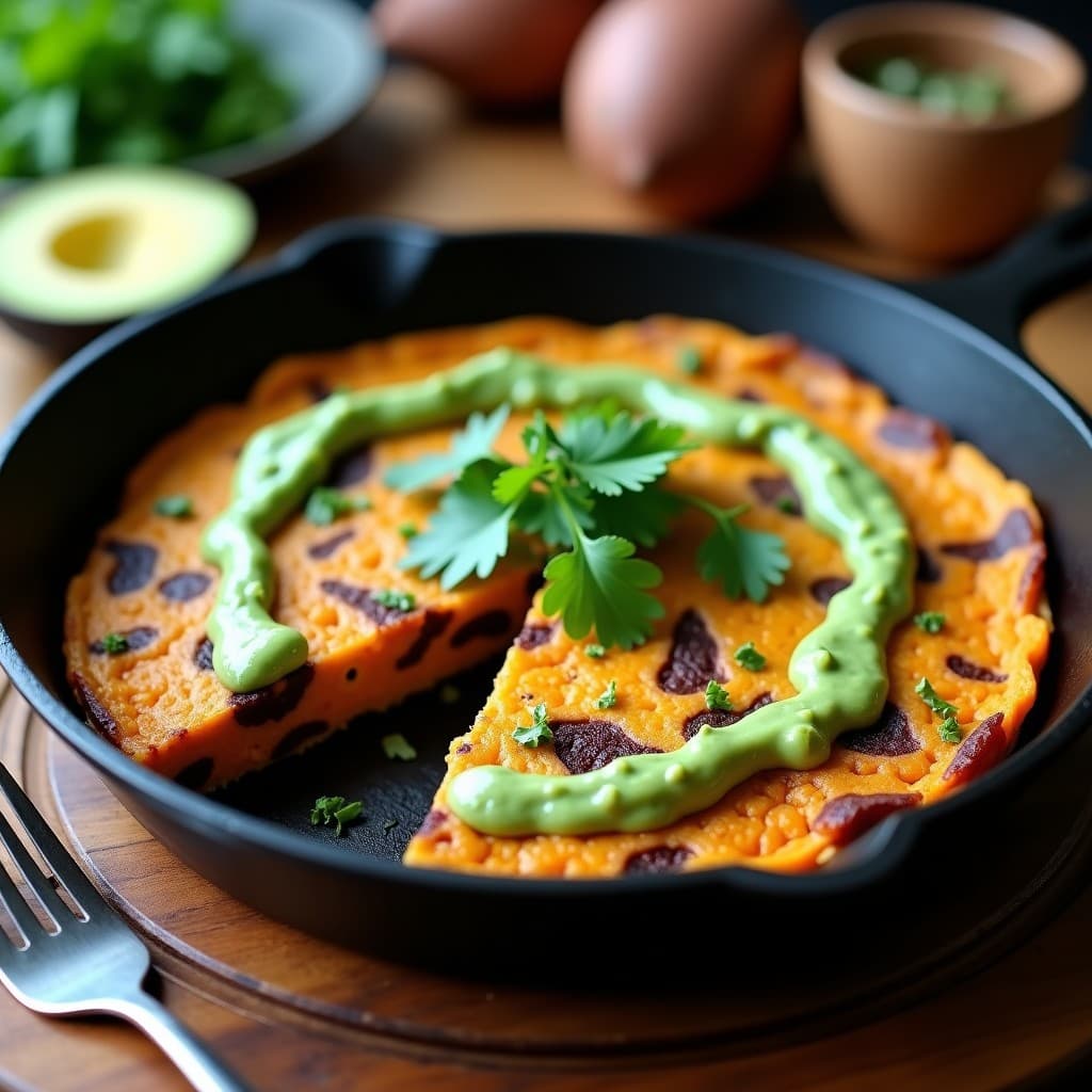 Tortilla dorada de camote morado y kale en sartén de hierro, cortada en porciones, con salsa de aguacate cremosa y verde por encima, decorada con cilantro fresco sobre fondo rústico de madera.