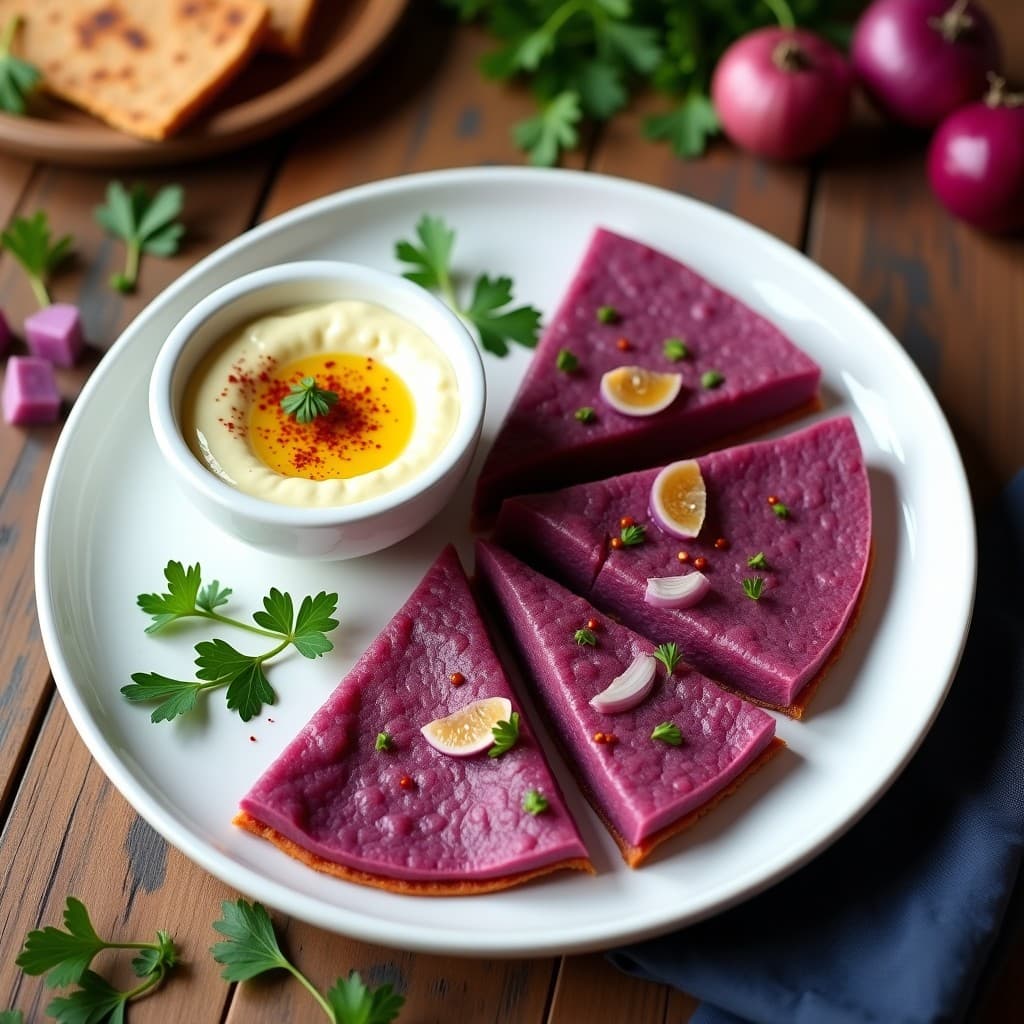 Tortilla vegana de camote morado y cebolla morada con alioli de ajo negro, servida en plato blanco con cuenco de alioli cremoso al lado. Receta en Thermomix con colores vibrantes y textura esponjosa.