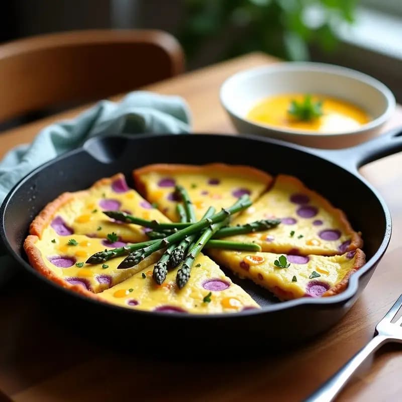 Tortilla dorada de camote morado y espárragos verdes servida en plato blanco rústico, acompañada de salsa cremosa de ají amarillo en cuenco pequeño. Fondos de ingredientes frescos como ají amarillo, huevos y hierbas.