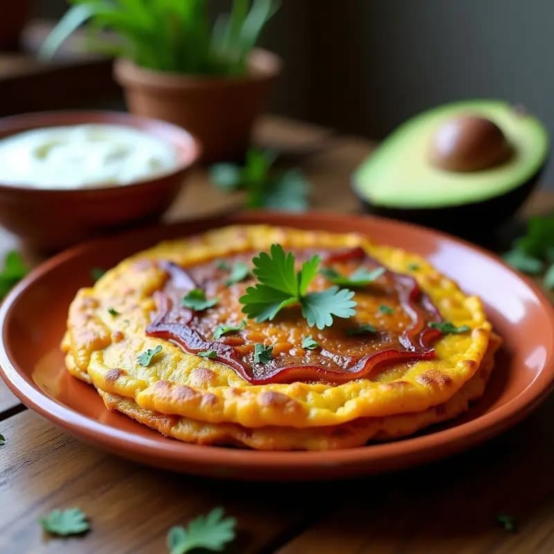 Tortilla dorada de camotes morados en rodajas finas con cebolla caramelizada, servida en plato de barro rústico con perejil fresco espolvoreado. Desayuno peruano sin gluten, vibrante y lleno de antioxidantes.