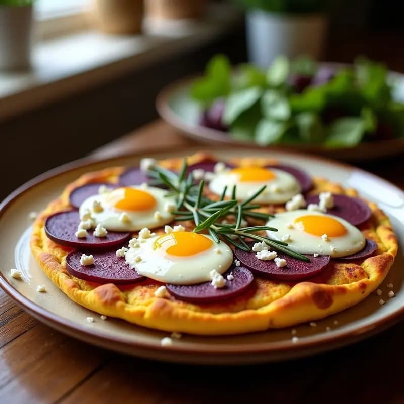 Tortilla dorada y esponjosa de camotes morados con huevos trufados, decorada con queso de cabra desmenuzado y romero fresco, servida en plato rústico de barro.