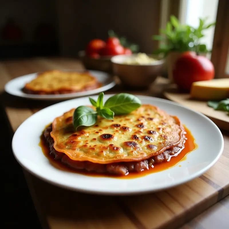 Tortilla campera dorada con trozos de ajo negro brillante y taquitos de jamón ibérico, servida en sartén de hierro sobre tabla de madera rústica.