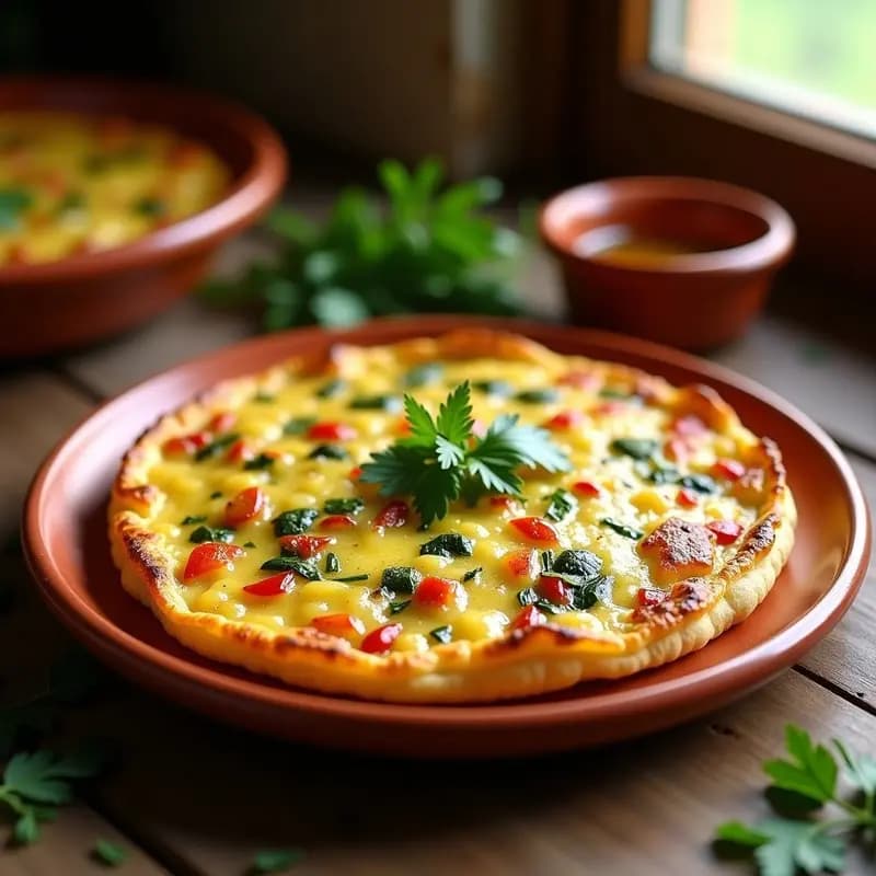 Tortilla campesina andaluza en olla rápida, con trozos de patata, pimiento verde, cebolla y calabacín, espolvoreada con perejil fresco y servida en plato de barro.